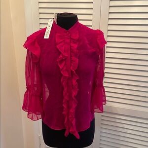 Alice + Olivia raspberry  Sheer   Fitted Ruffled Blouse with Bell Sleeves silk M